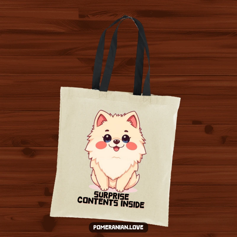 Funny Pomeranian dog with a surprised expression, depicted on a tote bag for humorous and practical use.